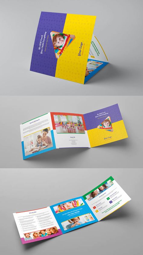 School Catalog Design, School Brochure Design Ideas, School Brochure Design Creative, Kindergarten Brochure, School Brochure Design, Square Brochure Design, Kids Brochures, Brochure Folds, Education Brochures