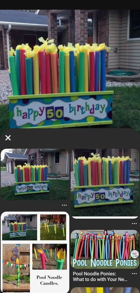 Mom's 75th Birthday Gift Ideas, Pool Noodle Candles For Yard, 40th Birthday Yard Decorations, Fun 50th Birthday Ideas, Pool Noodle Birthday Candles, Birthday Yard Decorations, 65th Birthday Ideas, 60th Birthday Ideas For Dad, 50th Birthday Ideas