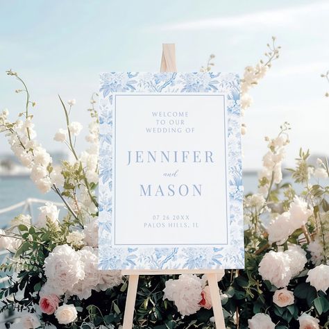 Welcome your guests in classic style with this charming bohemian light blue and white wedding welcome sign, mounted on durable foam board. Featuring an exquisite chinoiserie pattern inspired by blue porcelain, this sign adds a touch of delicate elegance to your wedding entrance, setting the tone for your celebration immersed in the beauty of nature. Blue And White Dance Floor, Wedding Welcome Sign Sayings, Wedding Welcome Sign And Seating Chart, Blue And White Porcelain Wedding, Chinoiserie Wedding Backdrop, China Blue Wedding, Light Blue And White Wedding, Chinoiserie Wedding Invitation, White Wedding Welcome Sign