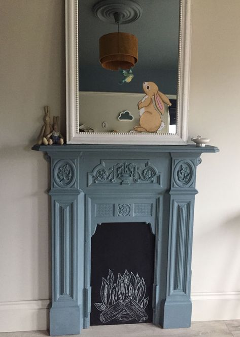 Faux Fireplace Kids Room, Painted Cast Iron Fireplace, Farrow And Ball Denimes, Faux Fireplace Bedroom, Cast Iron Fireplace Bedroom, Victorian Bedroom Fireplace, Fireplace Painted, Mirror Fireplace, Painted Mantle