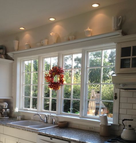 Over the window shelf! Thanks Pinterest for inspiration. Above Kitchen Window Shelf, Floating Shelf Above Window, Shelf Over Window Bedroom, Kitchen Window Shelves Farmhouse, Shelf Above Kitchen Window Backsplash, Shelves Above Windows, Kitchen Window With Shelf And Curtain, Pivoting Window Shelf, Big Kitchen Window Over Sink