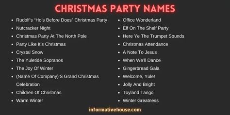 399+ The Most Elegant And Funny Christmas Party Names Christmas Party Name Ideas, Christmas Team Names, Christmas Party Theme Names, Funny Names For Girls, Party Names Ideas, Holiday Brunch Party, Christmas Toyland, Christmas Party Friends, Ladies Christmas Party