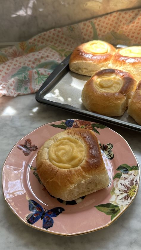 Fluffy, pillow-like buns filled with a rich, creamy custard. The tangzhong technique, originally from East Asia, used in this recipe ensures an extra fluffy dough. Custard Buns, Baking Paper, Instant Yeast, Baking Ideas, East Asia, Baking Sheet, Custard, Yeast, Buns