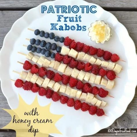 Patriotic Fruit Kabobs with Honey Cream Dip 100 Days Of Real Food, Catering Food Displays, Honey Cream, Cream Dip, Fruit Displays, Fruit Kabobs, 4th Of July Desserts, Backyard Privacy, Eat Real Food