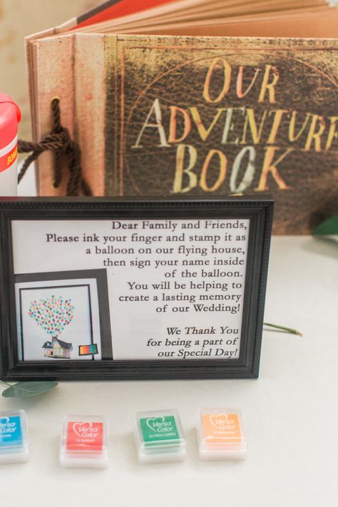 Up Guest Book Wedding, Up Guest Book, Disney Up Wedding Theme, Up Movie Wedding Theme, Up Theme Wedding Ideas, Up Theme Bridal Shower Disney Up, Disney Wedding Guest Book, Up Themed Engagement Party, Up Themed Wedding Decorations