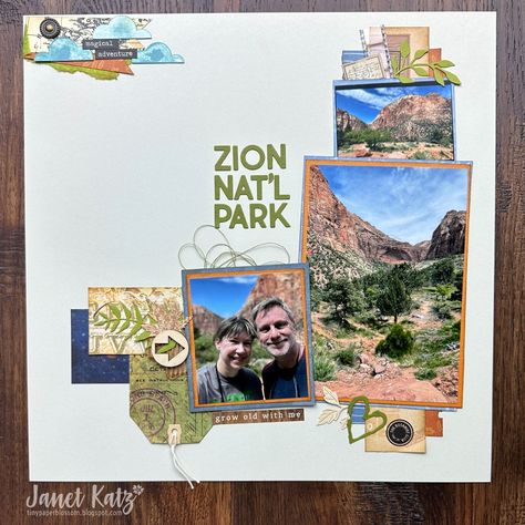 This is a one page scrapbook layout of Zion National Park in Utah Utah Scrapbook Layouts, National Park Scrapbook Layouts, National Park Scrapbook, Page Utah, Paper Blossom, Fall Scrapbook Layouts, Mammoth Cave, Project Life Layouts, Vacation Scrapbook