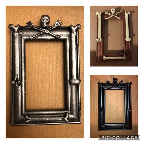 I put this together with a picture frame, some Halloween decorations, paint and RubNBuff for the metalic accents Diy Goth Picture Frame, Dollar Tree Halloween Picture Frames, Spooky Picture Frame, Halloween Picture Frame Ideas, Halloween Picture Frames Diy, Halloween Picture Wall, Halloween Frames Diy, Diy Halloween Picture Frames, Halloween Upcycle