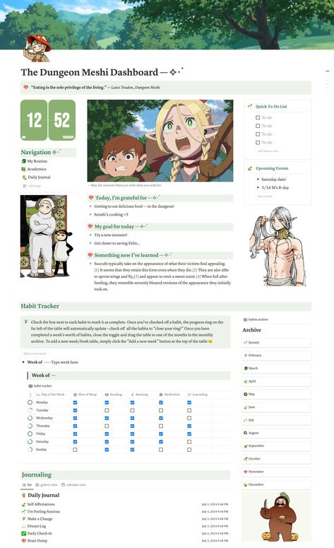 #freenotiontemplates #notion #notiontemplates #dungeonmeshi #deliciousindungeon #freenotiondashboard #notiondashboard #aestheticnotiondashboard #aestheticnotion #marcilledonato #laiostouden #chilchuck #senshi #academics #habittracker #journal #widgets Gaming Notion Template, Manga Tracker Notion, Habit Tracker On Notion, Notion Language Learning Template, Notion Template Language, Habit Tracker Journal, Meal Prep Planner, Delicious In Dungeon, Notion Inspo