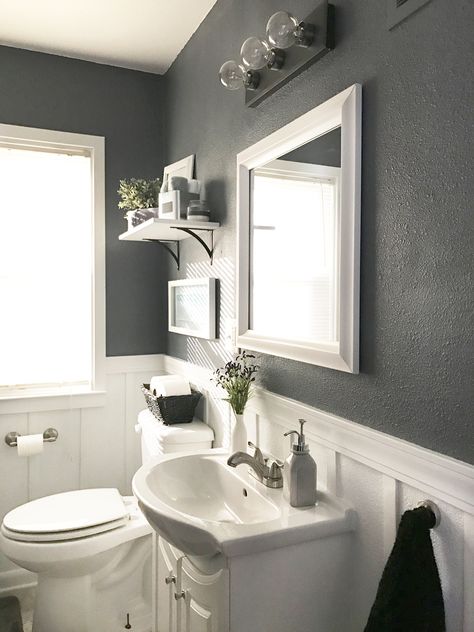 Check out this neutral gray bathroom with white board and batten. Love this One Room Challenge room makeover! It's amazing what you can do to transform a small bathroom. Tiny Bathroom Makeover, Sliding Shower Door, Half Bathroom, Basement Bathroom, Budget Bathroom, Trendy Bathroom, Bad Design, Small Bathroom Design, Diy Remodel