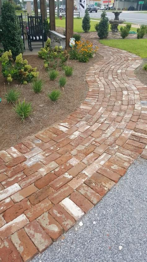 Brick Path And Patio, Brick And Pebble Patio, Brick Pavers Walkway, Brick Walkways To Front Door, Pavers Pathway, Brick Garden Path, Rock Pathways, Pervious Pavers, Rock Pathway