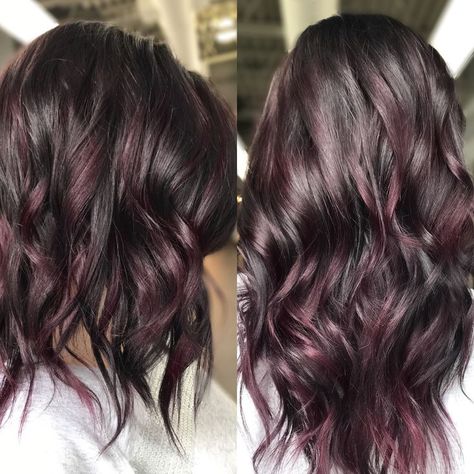 Fall Hair Medium Brown, Dark Maroon Hair Highlights, 2023 Fall Hair Trends Dark, Burgundy Hair With Dimension, Black Hair With Black Cherry Highlights, Dark Brown Hair With Merlot Highlights, Mocha Violet Hair Color Highlights, Dark Hair Maroon Highlights, Fall Bayalage For Dark Hair