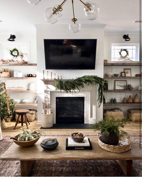 Shelves Around Fireplace, Pure Salt Interiors, Rustic Wood Floating Shelves, Built In Shelves Living Room, Living Room Built Ins, Pure Salt, Fireplace Built Ins, Farmhouse Fireplace, Living Room Interior Design