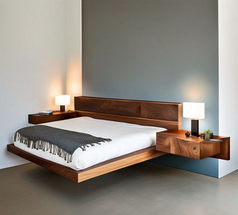 Queen Size Floating Bed & Floating Nightstands complete Digital Plan, Simple Platform, Minimal Bed, Easiest DIY Plan - Etsy Italy Men Bed Frame, Floating Bed Design Ideas, Floating Bed Queen Size, Platform Bed With Floating Nightstands, Floating Bed With Storage, Minimal Bed Design, King Size Floating Bedframe, Floating Headboard With Nightstands, Floating Bed Frame Plans Farmhouse