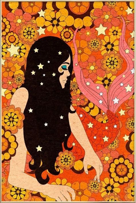 70s Groovy Art, 70s Painting, 70s Aesthetic Art, Cosmic Mermaid, 70s Illustration, Kunst Collages, Groovy Colors, 70s Colors, Groovy Art