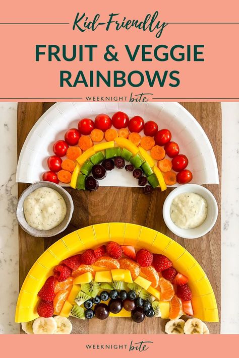 If you want to get your kids to try out some new fruits & veggies, these Fruit & Veggie Rainbows are the perfect activity to do with them! Not only will this little project keep them super busy, but you'll be shocked at how many fruits and veggies they'll eat after assembling their rainbows. Such an easy and fun kid's snack! Tap for the healthy recipe! Veggie Rainbow, Rainbow Snacks, Vegetable Crafts, Veggie Plate, Fruit And Veggie, Rainbow Fruit, Picky Eating, Purple Sweet Potatoes, Fun Snacks For Kids