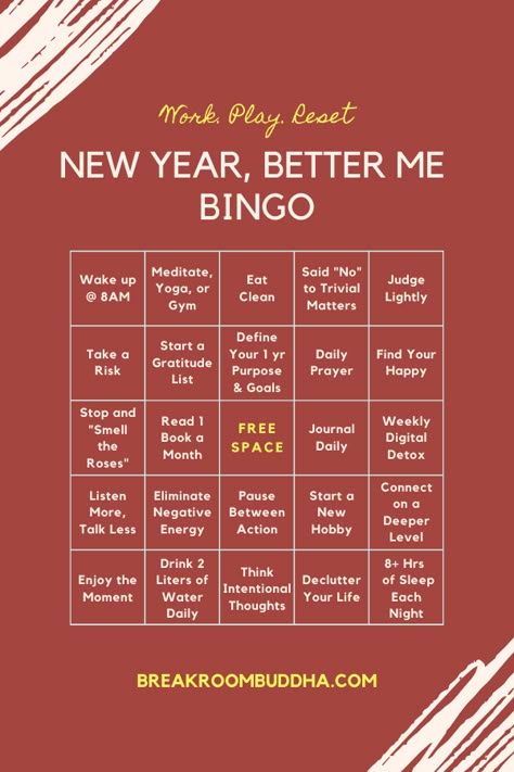 Step your New Year's Resolution game up by completing this fun little bingo board. More #goalsetting and #newyearsresolution reflection tips here ---> breakroombuddha.com New Year Bingo Board, Fun New Year Resolutions, January Bingo Card, Bingo New Year Resolution, 2024 Bingo Card, New Year Resolution Ideas Goal Settings, Goal Bingo, Wellness Bingo, New Years Bingo