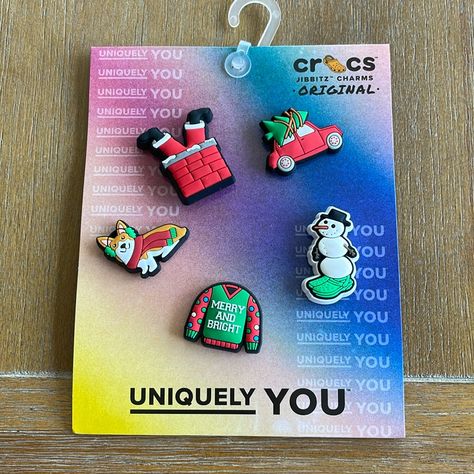 Nwt! Original Croc Charms. 5 Christmas Themed Charms- A Dog, Santa In A Chimney, Snowman, Ugly Sweater, And A Christmas Tree On A Car. So Cute And Perfect For The Holidays! Holiday Crocs Shoes, Christmas Croc Charms, Weird Croc Charms, Christmas Festive Charms Jewelry, Crocs Charms Music, Croc Charms, Ugly Sweater, Christmas Shopping, Red Green