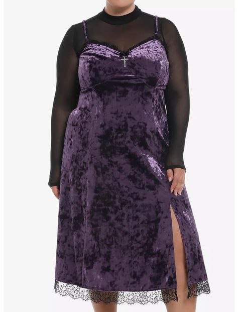 Cosmic Aura Purple Velvet Mesh Long-Sleeve Twofer Dress Plus Size Whimsigoth Plus Size, Plus Size Whimsigoth, Whimsigoth Fashion, Cosmic Aura, Twofer Dress, Plus Size Hot, Plus Size Black Dresses, Oh My Goddess, Velvet Slip Dress