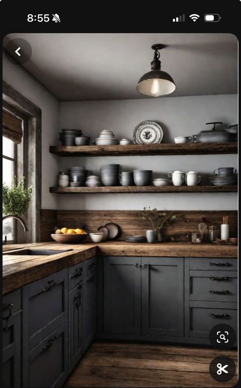 Galley Kitchen With Black Cabinets, Grey Countertops Wood Cabinets, Kitchen With Black Fixtures, Dark Rustic Kitchen, Cottages À La Campagne, Kitchen Gothic, Kitchen With Black Cabinets, Dark Gray Kitchen, Neutral Wall Colors