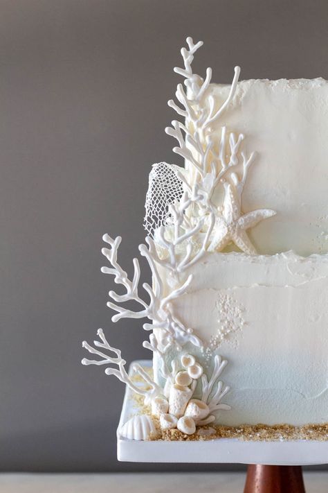 Edible Coral For Cakes, Seaglass Wedding Cake, Under The Sea Wedding Cake, Under Water Cake Sea Theme, Coral Reef Cake, Under The Sea Cake Ideas, Sea Wedding Cake, Sea Cake Ideas, Ocean Wedding Cake