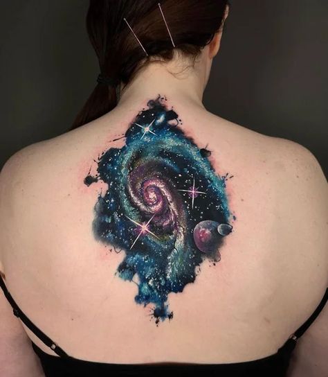 Tattoo Of Universe, Galaxy Tattoo Background, Galaxy Back Tattoo Women, Galaxy Neck Tattoo, Nebula Tattoo Galaxies, Dark Galaxy Tattoo, Celestial Tattoo Cover Up, Galaxy Chest Tattoo Female, Watercolor Tattoo Coverup