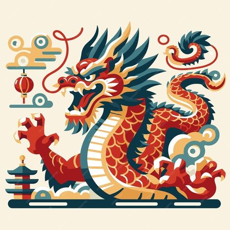 Premium Vector | A flat design illustration of chinese mystical creature like dragon Dragon Illustration Design, Chinese Graphic Design, Chinese Dragon Illustration, Mystical Illustration, Mythology Illustration, Chinese Dragon Drawing, Dragon Vector, Chinese Dragon Art, Chinese Graphic