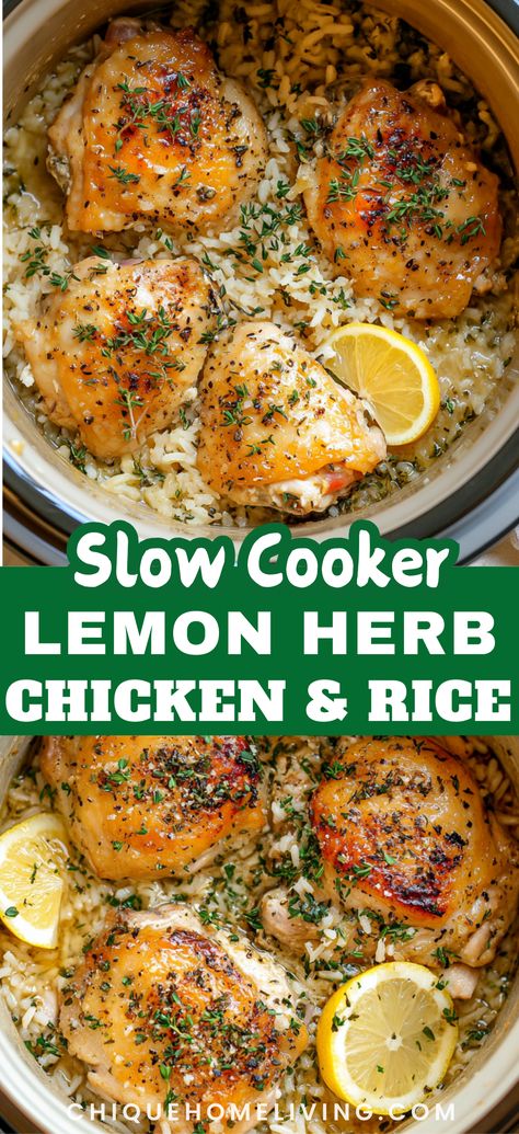 If you’re after a hands-off meal that’s bursting with flavour, this Slow Cooker Lemon Herb Chicken and Rice is a game-changer. Tender, juicy chicken infused with zesty lemon and aromatic herbs, all nestled in perfectly cooked, fluffy rice—pure comfort with minimal effort! Lemon Chicken Freezer Meal, Lemon Chicken Rice Bowl, Lemon Herb Chicken And Rice, Slow Cooker Lemon Herb Chicken, Lemon Herb Chicken Crockpot, Lemon Chicken Rice Recipe, Slow Cooker Creamy Lemon Herb Chicken, Chicken Jasmine Rice Recipes, Mediterranean Crockpot Chicken Recipes