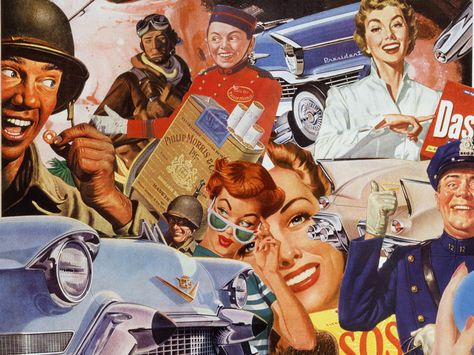 CONSUMER CULTURE | Sally Edelstein Collage | DEFROSTING THE COLD WAR 1950s Pop Culture, Consumerism Art, Culture Collage, American Advertising, Consumer Culture, Propaganda Art, The American Dream, 50s Style, Antique Illustration