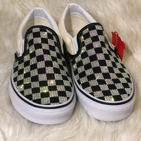 Custom Bling Checkerboard Slip On Vans. Please Be Aware That Processing Time Can Be Upto 2 Weeks & This May Vary Depending On The Shoe & Design Being Done. Sneakers May Be Shipped Without The Box If Doesn't Fit Once Wrapped. Shoes Will Be Packaged Securely. More Crystal Colors Available. Please No Offers. Made To Order. Bedazzled Vans, Custom Vans Slip On, Checkered Shoes, Platform Vans, Slip On Vans, Disney Vans, Rainbow Sneakers, Green Vans, Crystal Colors