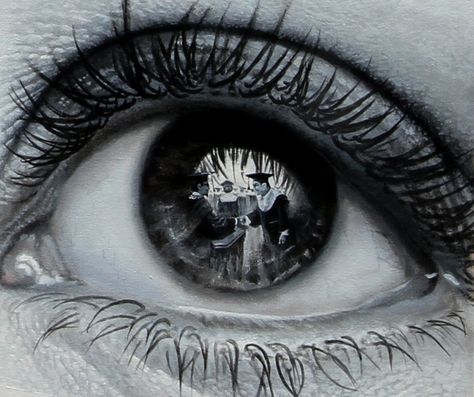 Jakarta-based Indonesian artist Veri Apriyatno's series titled The Witnesses reveals a lot more about a person's surroundings through the reflection of their eyes. Each hyperrealistic mixed media creation in the series (made with charcoal, pencil, and acrylics on canvas) presents an entire world within the gaze of a glistening eye. Reflection Drawing, Digital Art Software, Realistic Eye Drawing, Hyper Realistic Paintings, Reflection Art, Realistic Pencil Drawings, Realistic Eye, The Reflection, Eye Painting