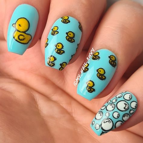 Rubber Duck Nail Art, Bluey Nail Ideas For Kids, Rubber Duck Nails, Duck Nail Art, Duck Nail, Acrylic Nails Almond Shape, Bubble Nails, Kids Nail Designs, Duck Nails