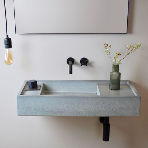 Designed to show off the many facets of concrete, FORMED offers 40 color options for their jaw-dropping collection of concrete sinks + basins. Floating Concrete Sink Bathroom, Cement Sink Bathroom, Bathroom Sink Floating, Floating Concrete Sink, Bathroom Sink Backsplash Ideas, Wall Mounted Sink Bathroom, Diy Concrete Sink, Floating Sink Bathroom, Bathroom Basin Ideas