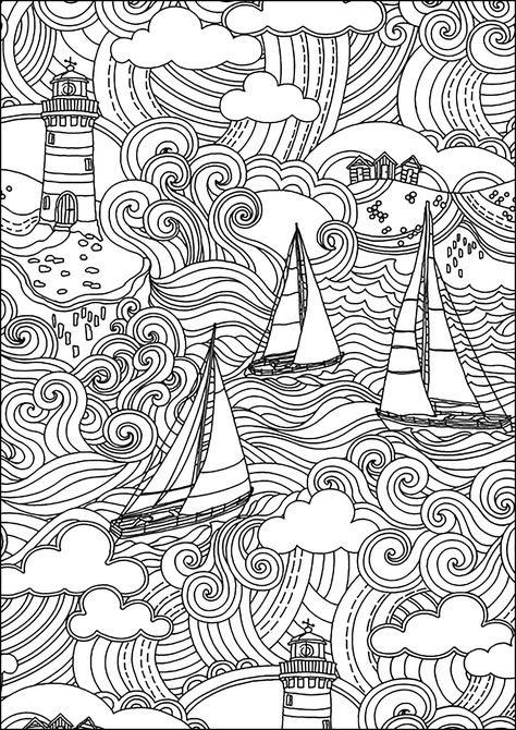 Magnificent marine scene with lighthouse, boats, waves and cloudy sky - JustColor.net : Free printable coloring pages for adults and kids Free Fantasy Coloring Pages For Adults, Marine Coloring Pages, Ocean Coloring Pages Free Printable, Water Coloring Pages, Boat Coloring Page, Zentagle Drawing, World Coloring Page, World Outline, Landscape Coloring Pages