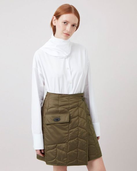 Softie Quilted Wrap Skirt | Khaki Recycled Nylon | Softie Outerwear Capsule Collection | Mulberry Quintessentially British, Wrap Mini Skirt, British Heritage, Dream Gift, Softies, Small Leather Goods, Knit Scarf, Scarfs, Bags Accessories