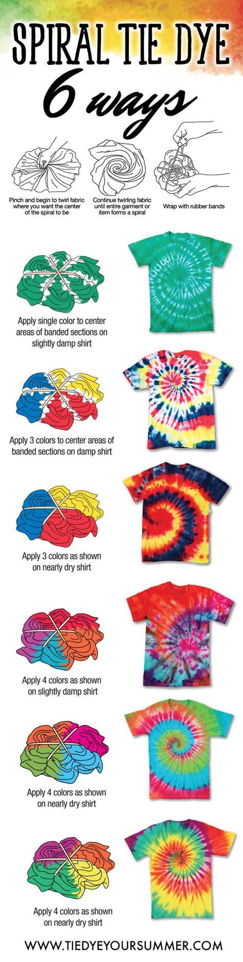 So many ways to tie dye your spiral tee this summer. Try one of these awesome pattern techniques today with Tulip One-Step Tie Dye! Ty Dye, Tie Dye Patterns Diy, Diy Tie Dye Shirts, Tie Dye Party, Tie Dye Crafts, Diy Tie, How To Tie Dye, Spiral Tie Dye, Tie Dye Techniques