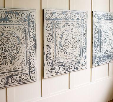 Suzie: Art/Wall Decor - Vintage Tin Tiles, Set of 3 | Pottery Barn - vintage, tin, blue, tiles Pressed Tin Tiles, Vintage Tin Tiles, Ceiling Tin, Inexpensive Art, Pressed Tin, Tin Tiles, Tile Wall Art, Tin Ceiling Tiles, Lata Vintage