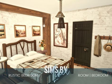 The Sims Resource - Rustic Bedroom Sims 4 Cc Rustic, Rustic Bed, Log Bed, Sims 4 Kitchen, Sims 4 Bedroom, Princess Bedroom, Rustic Bedding, Modern Mansion, Sims Community