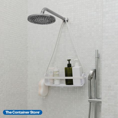 Organize your bath essentials with the smart design of our Flex Single Shelf Caddy by Umbra. Its sturdy base and silicone band allows larger bottles to fit securely while three pour spouts allow you to turn almost-empty bottles upside down to get the most out of your product! Bathtub Shelf, Bathtub Caddy, Pegboard Accessories, Porta Shampoo, Shower Organization, Shampoo Bottles, Plastic Shelves, Shower Rail, White Shower