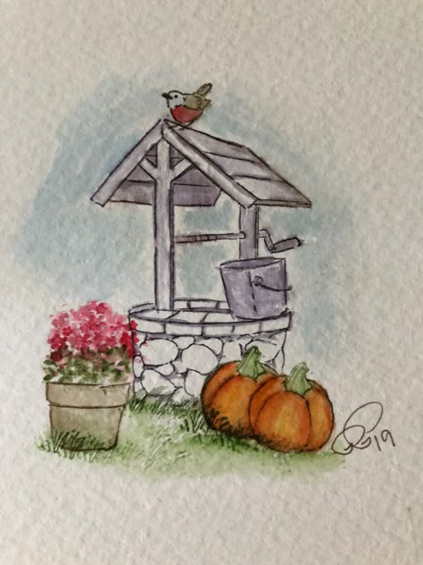 Well Illustration Water, Well Drawing Easy, Cottagecore Watercolor Painting, Water Well Drawing, Wishing Well Drawing, Cottagecore Sketches, Well Sketch, Well Drawing, Watercolor House Painting