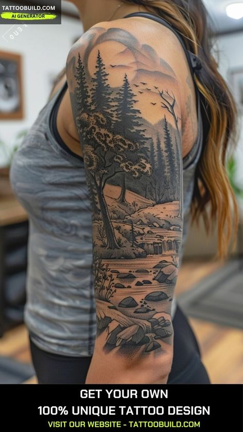 Woodland Sleeve Tattoo For Women, Forest Half Sleeve Tattoo Women, Fall Nature Tattoo, Nature Scene Tattoo For Women, Tree Sleeve Tattoo Women, Forrest Tattoo Designs Women, Mountain Sleeve Tattoo Women, Women With Sleeve Tattoos, Nature Sleeve Tattoo Women