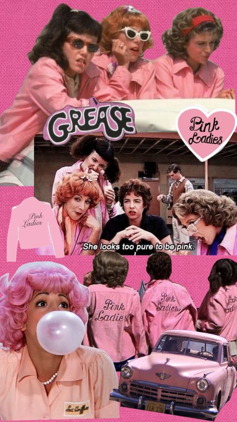 Pink Ladies Grease Wallpaper, Grease Astethic Wallpaper, The Pink Ladies Grease, Grease Inspired Photoshoot, Grease Pink Ladies Aesthetic, Frenchy Grease Aesthetic, Grease Background, Grease Movie Aesthetic, Grease Collage