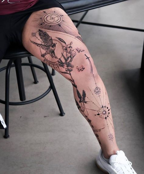 Explore the world of leg tattoos! Dive into trending designs, expert tips, and all you need to know before getting inked with the perfect leg tattoo! Couple Leg Tattoos, Full Leg Tattoo Design, Geometric Leg Tattoo, New Age Tattoo, Pa Logo, Full Leg Tattoo, Legs Tattoo, Tattoo Perna, Best Leg Tattoos