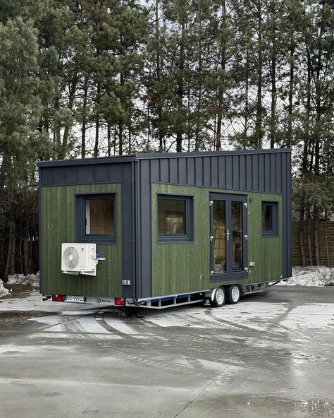 Lily 403 Tiny House Features Home Office and Loft Bedroom Green Tiny House, Black Metal Accents, Sweden House, Loft Bedroom, Pvc Windows, Aluminum Siding, House Features, House Siding, Tiny House Interior