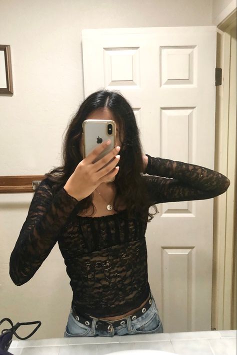 Lace Long Sleeve Outfit, Long Sleeve Lace Shirt Outfit, Lace Top Under Shirt, Long Sleeve Lace Top Outfit, Black Lace Shirt Outfit, Sheer Lace Top Outfit, Lace Blouse Outfit, Black Lace Top Outfit, Lace Long Sleeve Top Outfit