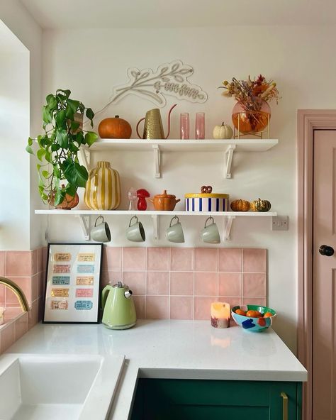 Throwing it back to last year’s autumnal styling in our pink and green kitchen, time to get the pumpkins out 🎃🍂🍁 The house has been turned upside down as we’ve started work on the bathroom, the project I’ve been waiting for over 3 and a half years to start! Here’s your daily reminder that projects take time 🙌 #greenkitchen #pinkandgreeninteriors #colourfulkitchen #pinkandgreen #colourfulinterior #mycolourfulhome #worktops #kitchendesign #kitchenworktops #pinktiles #kitchenrenovation #kitche... Pink And Green Kitchen, Yellow Kitchen Cabinets, Kitchen Cabinet Inspiration, Colourful Kitchen, Throwing It Back, Kitchen Time, Stunning Interior Design, Pink Tiles, Yellow Kitchen