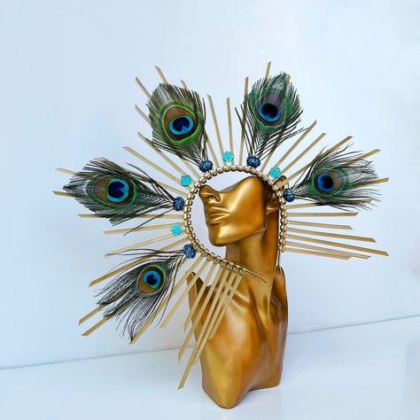 Gold Crown Headpiece For Carnival, Luxury Gold Headpiece For Festivals, Jessica Rabbit Halloween, Peacock Crown, Gold Crown Headpiece For Festivals, Peacock Headpiece, Peacock Feather Crown, Gold Halo Crown, Rabbit Halloween