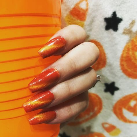 Orange Cat Eye Nails, Magnetic Nails Design, Cat Eye Manicure, Broncos Nails, Eye Manicure, Fall Cat, Nails Orange, Fall Cats, Orange Nail Polish