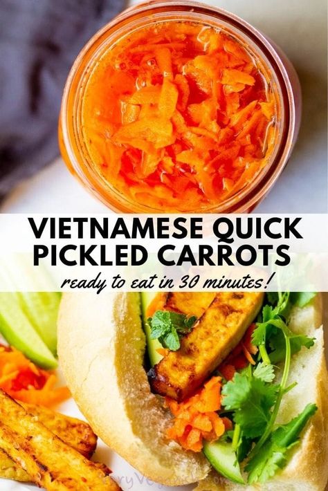 Vietnamese Carrot Pickle, Thai Pickled Carrots, Pickled Carrots Vietnamese, Quick Pickled Carrots, Tacos Salad, Pickled Carrots Recipe, Vietnamese Banh Mi, Carrot Slaw, Pita Pockets