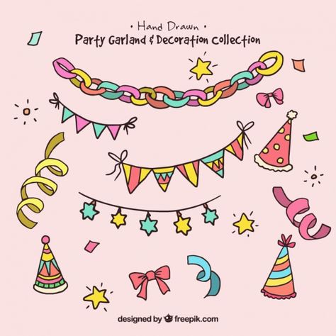 Birthday Decoration Drawing, Party Banner Template, Birthday Party Clipart, Birthday Background Design, Birthday Banner Template, Birthday Doodle, Confetti Cards, Party Icon, Colorful Birthday Party