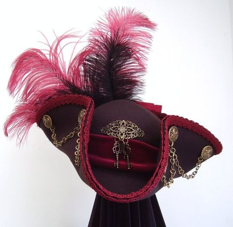 Items similar to Steampunk pirate hat brown and red on Etsy Red Steampunk, Pirate Garb, Tricorn Hat, Steampunk Pirate, Pirate Outfit, Medieval Gothic, Pirate Halloween, Pirate Hat, Steampunk Hat